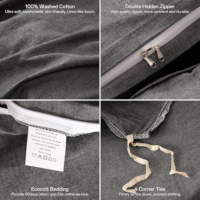 ECOCOTT Grey Duvet Cover King Size, 100% Washed Cotton 1 Duvet Cover with Zipper and 2 Pillowcases, Ultra Soft and Easy Care Breathable Cozy Simple Style Bedding Set (Dark Grey)