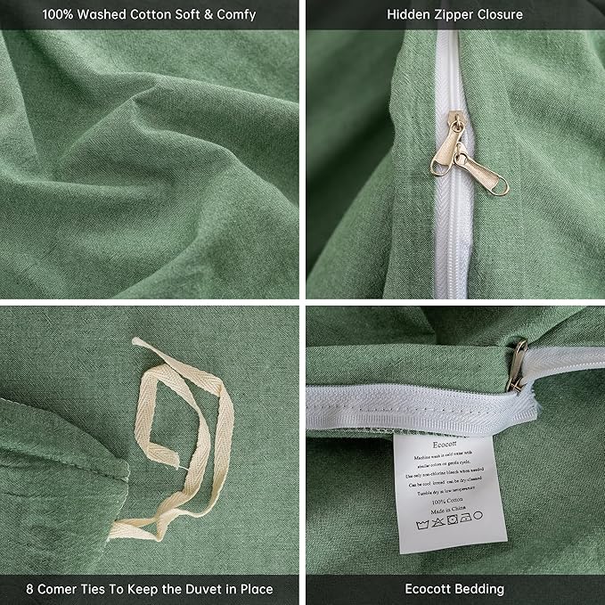 ECOCOTT Sage Green Duvet Cover Full Size, 100% Washed Cotton 3-Piece Bedding Set - Ultra Soft, Breathable & Easy Care with Zipper Closure and 2 Pillowcases (No Comforter)