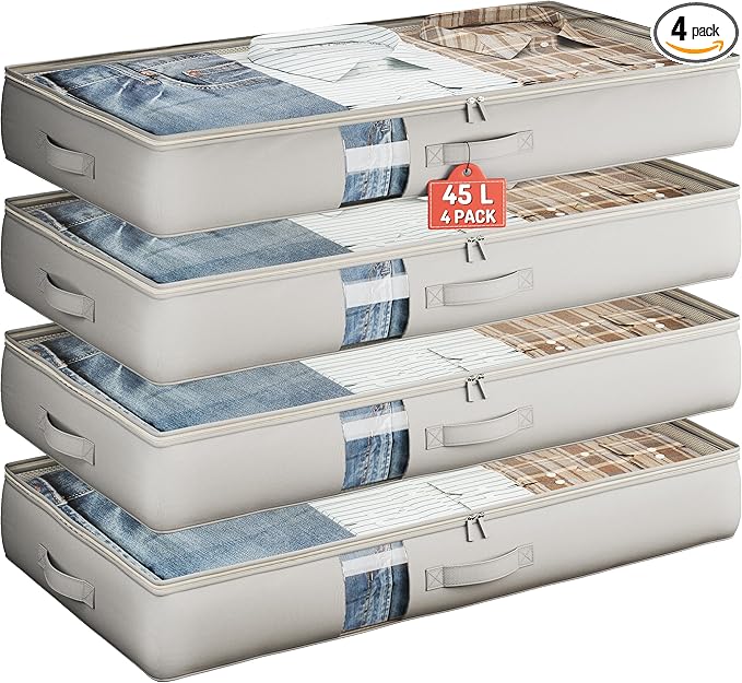 Under Bed Storage Containers with Window, Closet Organizers and Storage Bags, Foldable Underbed Storage Bags for Blankets, Clothing, Comforter, Linen Sheets, Wrapping Paper, 4 Pack, Grey