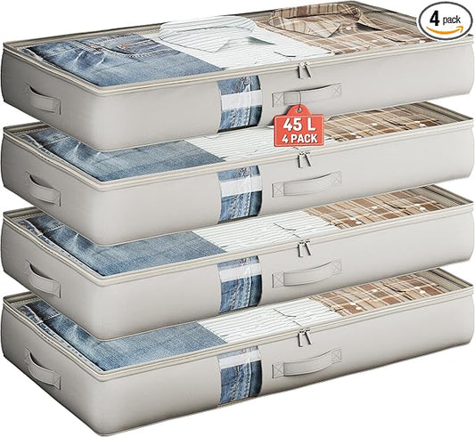 Under Bed Storage Containers with Window, Closet Organizers and Storage Bags, Foldable Underbed Storage Bags for Blankets, Clothing, Comforter, Linen Sheets, Wrapping Paper, 4 Pack, Grey