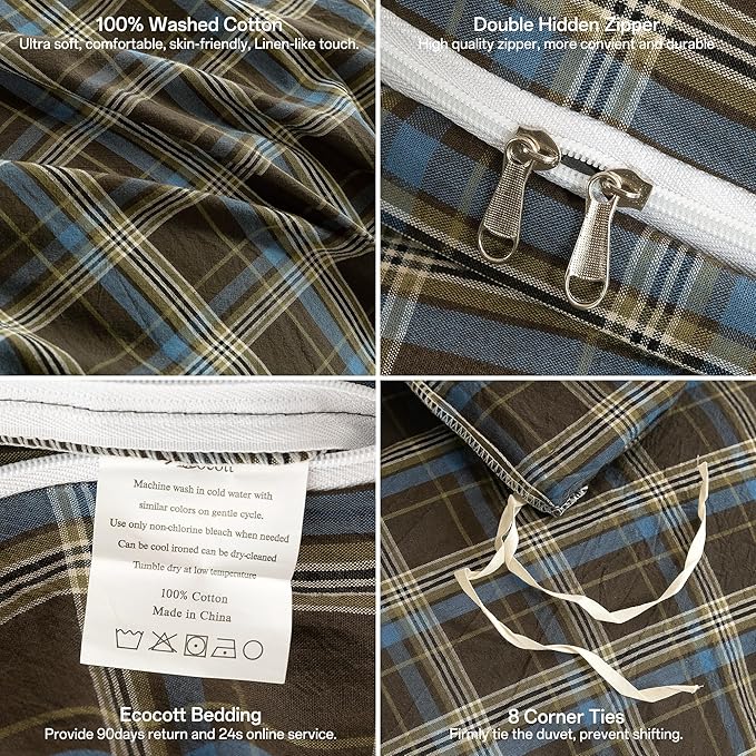 ECOCOTT Buffalo Plaid Duvet Cover King Size – 3 Piece Washed Cotton Brown & Blue Bedding Set, Soft & Breathable, Reversible Checkered Design with Zipper Closure & Corner Ties