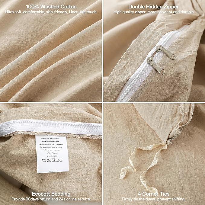 ECOCOTT Beige Duvet Cover Oversized King Size - 100% Washed Cotton Durable Soft Comfy Duvet Cover Set, 3 Pieces Duvet Cover with Zipper Closure (Khaki, 120"x 98")